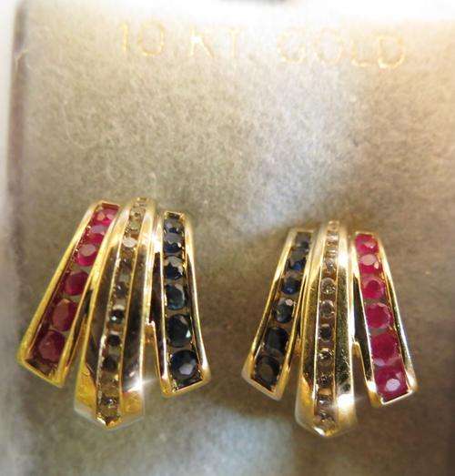 ***HEAVY 5.1 GRAM!!!***10K YELLOW GOLD CHANNEL SET SAPPHIRE RUBY DIAMOND EARRINGS