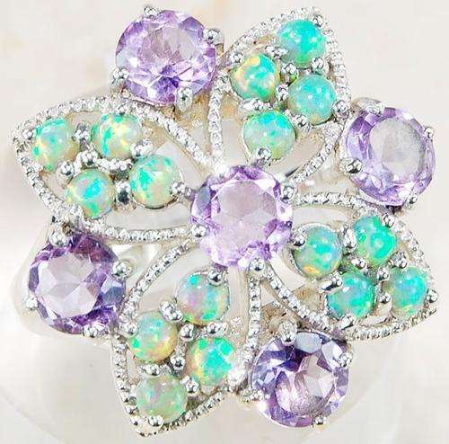 2CT Amethyst Green Opal 925 Solid Sterling Silver Art Deco Flower Ring Sz 6.25