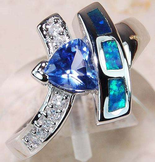 Tanzanite Australian Opal White Topaz 925 Solid Sterling Silver Ring Sz 8