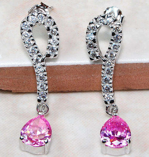 Fabulous Pink & White Sapphire 925 Solid Sterling Silver Earrings 1 " long