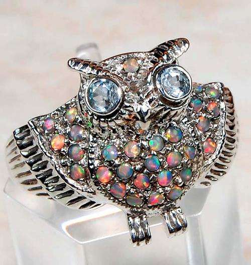 Natural Aquamarine Opal 925 Solid Sterling Silver Art Deco Owl Ring sz 6.25