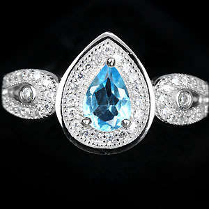 ALLURING GENUINE SWISS BLUE TOPAZ WHITE SAPPHIRE STERLING 925 SILVER RING 8.25
