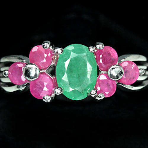 ELEGANT GENUINE OVAL TOP GREEN EMERALD RED RUBY STERLING 925 SILVER RING 8.75
