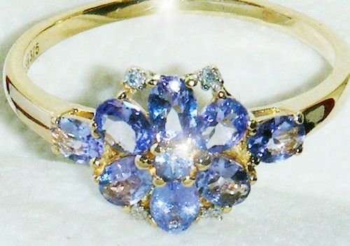 SUPERB 9CT YELLOW GOLD TANZANITE & DIAMOND CLUSTER RING SIZE U