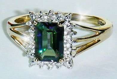 UK HALLMARKED 9CT YELLOW GOLD MYSTIC TOPAZ AND DIAMOND RING SIZE M