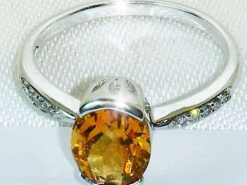 UK HALLMARKED 9CT WHITE GOLD CITRINE & DIAMOND DECO RING SIZE N