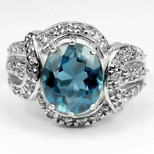 NATURAL AAA LONDON BLUE TOPAZ & WHITE TOPAZ STERLING 925 SILVER RING 7