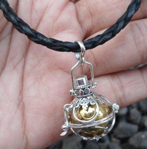 925 Sterling Silver Balinese Harmony Ball(Gold)Locket Pendant w leather Necklace