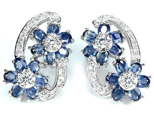 ***REAL STONES!!!*** NATURAL BLUE SAPPHIRE STERLING 925 SILVER FLOWER EARRING