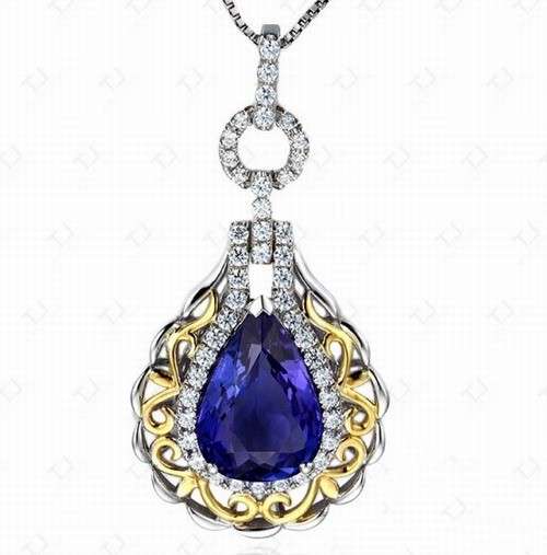 "CERTIFICATE INCLUDED!" SOLID 14K 2 TONE GOLD NATURAL GORGEOUS BLUE TANZANITE DIAMOND WEDDING PENDAN