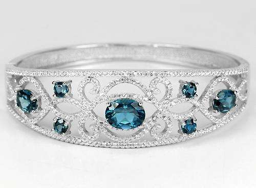 ***IN STOCK!!!**REAL STONES!!!***GENUINE AAA LONDON BLUE TOPAZ OVAL-ROUND 925 SILVER BANGLE SIZE 6.5