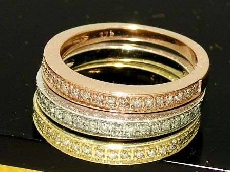 Set of 9ct Tri-Color Gold NATURAL Diamond WEDDING Ring Stackable