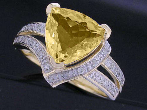 Solid 9K Gold NATURAL Trillion Citrine & Diamond Ring Engagement