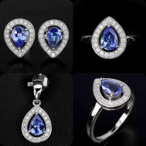 ***REAL STONES!!!*** NATURAL PEAR CUT RICH BLUE VIOLET TANZANITE 925 SILVER SET