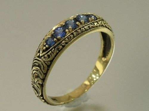 SOLID 9K Gold NATURAL Sapphire or Rubies 5-stone Etched ETERNITY Wedding Ring size N
