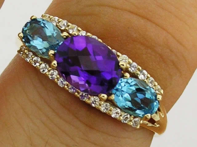 SUPERB 9ct Solid Gold Amethyst, Topaz & White Sapphire Trilogy Ring