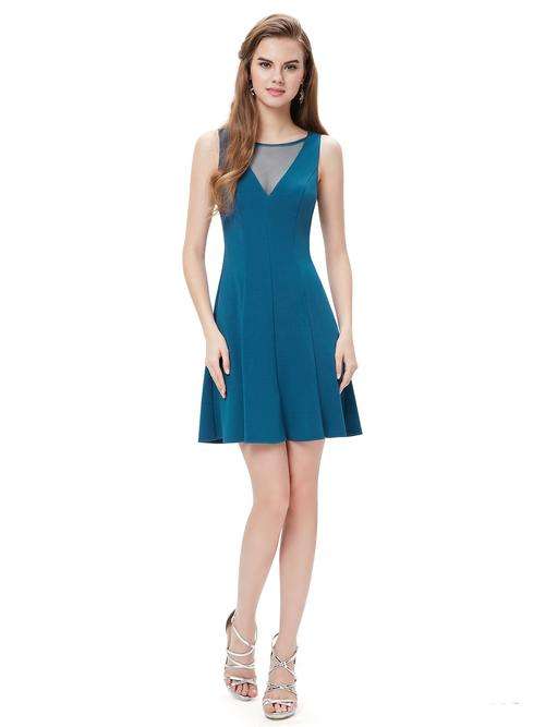 Blue Fashion Sheer Neckline Casual Flower Short Dress Prom Bridesmaid Size 10