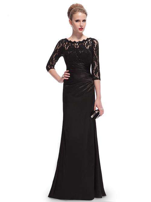 Womens Long Black Lace 3/4 Sleeve Evening Formal Party Dress Prom Bridesmaid Size 14