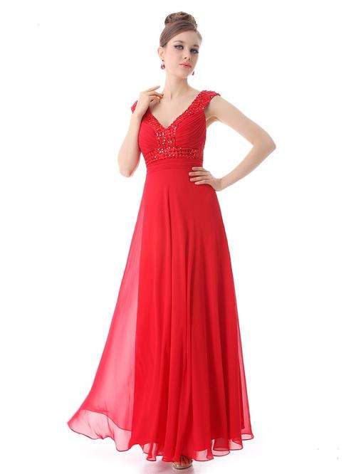 Sexy Red Chiffon V-Neck Sequins Cross Back Long Evening Dress Size 12
