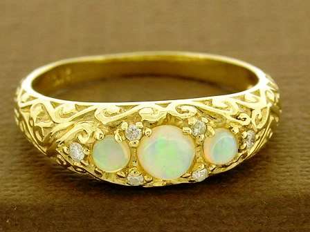GENUINE 9K 9ct Gold NATURAL Opal & DIAMOND Anniversary Trilogy Ring