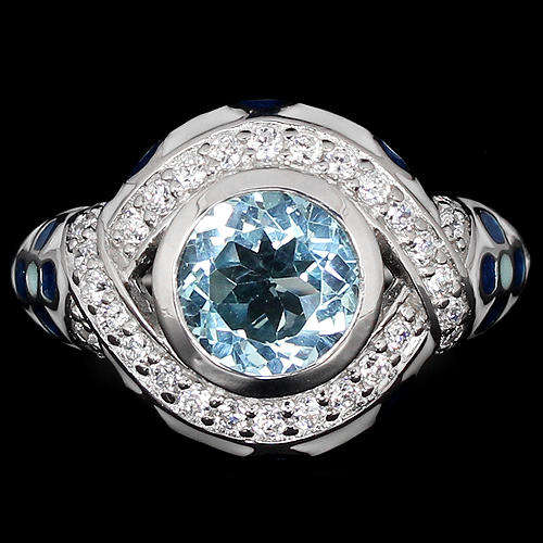 ***IN STOCK***REAL STONES!!!*** BLUE TOPAZ  STERLING 925 SILVER FLOWER ENAMEL RING 8
