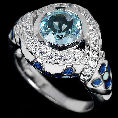 ***IN STOCK***REAL STONES!!!*** SKY BLUE TOPAZ STERLING 925 SILVER FLOWER ENAMEL RING 7