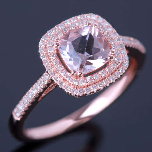 6X6mm Cushion Morganite Diamonds Halo 14K Rose Gold Engagement Wedding Ring