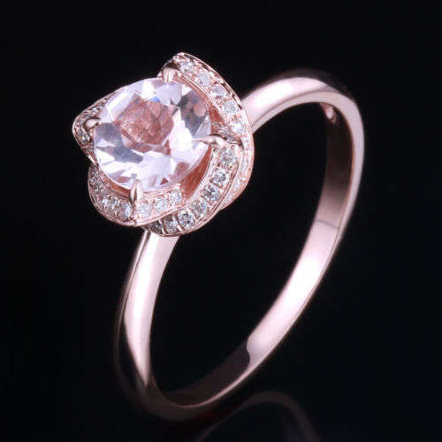 Diamonds 10K Rose Gold 6.5mm Round Cut Halo Pink Morganite Engagement Ring
