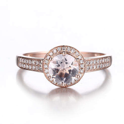 Solid 10K Rose Gold 6MM ROUND Morganite NATURAL DIAMOND ENGAGEMENT WEDDING RING