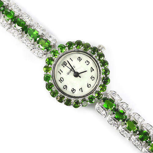 IN STOCK!! REAL STONES!NATURAL AAA GREEN CHROME DIOPSIDE 925 SILVER WATCH 14K WHITE GOLD COATIN
