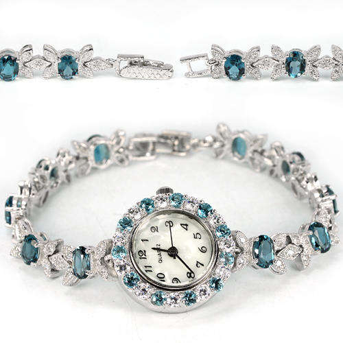 IN STOCK!! REAL STONES!!GENUINE AAA LONDON BLUE TOPAZ & WHITE TOPAZ STERLING 925 SILVER WATCH 7.25