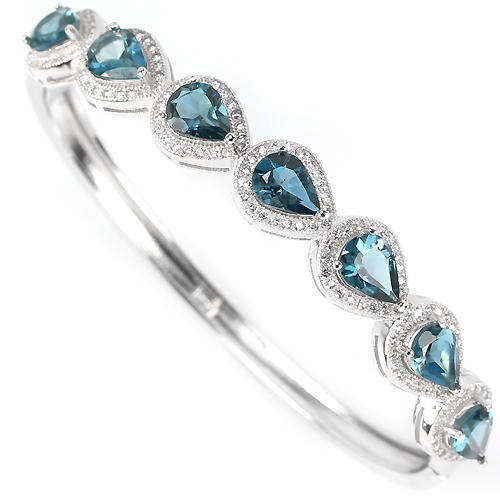 IN STOCK!! REAL STONES!!8X6MM. LONDON BLUE TOPAZ & WHITE TOPAZ STERLING 925 SILVER BANGLE SIZE 6.5