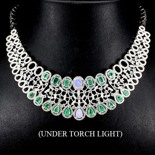 **IN STOCK!!**REAL GEMSTONES!!** FIRE OPAL AND GREEN EMERALD STERLING 925 SILVER NECKLACE