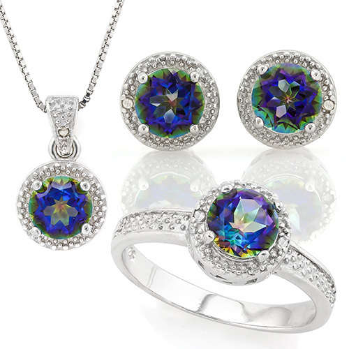 "IN STOCK!!" "REAL GEMSTONE"  MASSIVE 3 1/5 CARAT  MYSTIC GEMSTONE & DIAMOND 925 STERLING SILVER SET