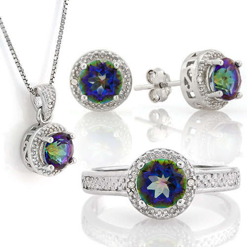 "IN STOCK!!" "REAL GEMSTONE"  MASSIVE 3 1/5 CARAT  MYSTIC GEMSTONE & DIAMOND 925 STERLING SILVER SET