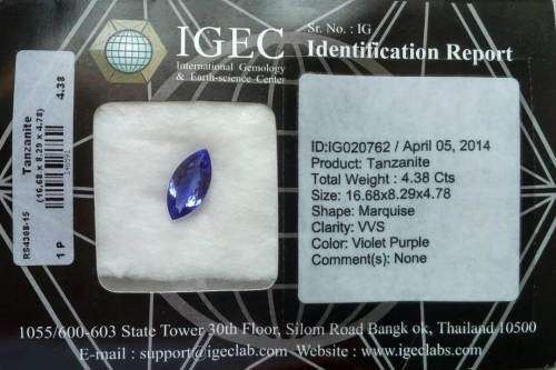 ***IN STOCK!!!***Igec Identification Report 4.38 Gorgeous colour Tanzanite