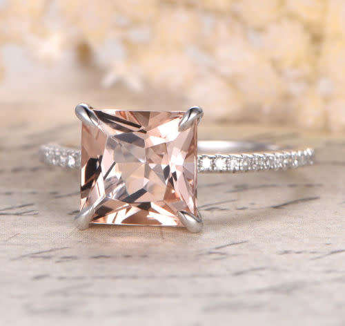 14K White Gold 8mm Princess Cut Morganite Wedding Anniversary Pave Diamonds Ring