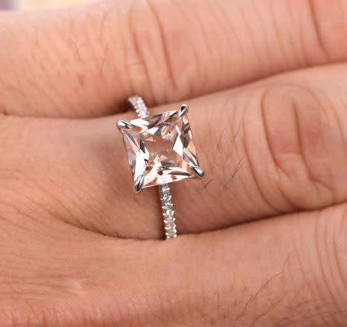 14K White Gold 8mm Princess Cut Morganite Wedding Anniversary Pave Diamonds Ring