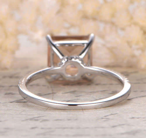 14K White Gold 8mm Princess Cut Morganite Wedding Anniversary Pave Diamonds Ring