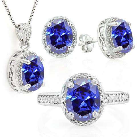 Genuine Tanzanite & Diamond 925 Sterling Silver Jewellery Set