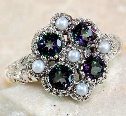 **R3 199** 1ct Mystic Topaz Seed Pearl 925 Silver Filigree Ring6.5
