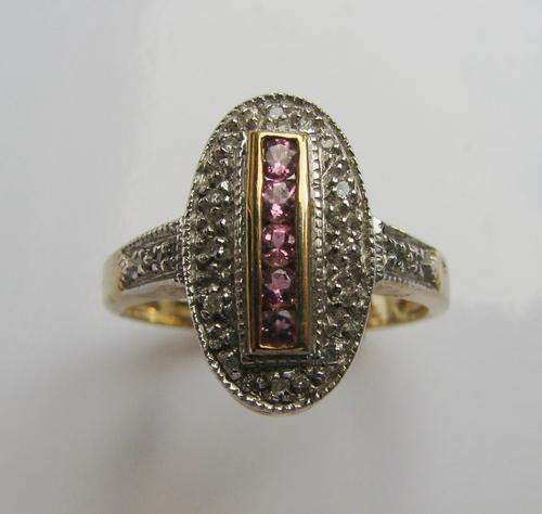 9ct yellow gold pink sapphire and diamond cluster ring size M