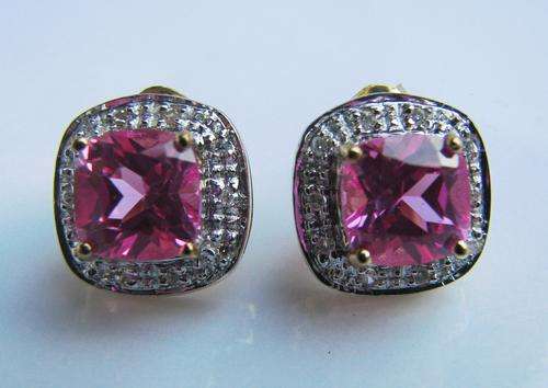 SUPERB 9CT PINK SAPPHIRE & DIAMOND EARRINGS