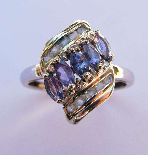 9CT GOLD REAL TANZANITE AQUA DIAMOND RING T