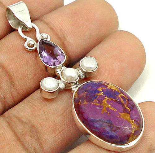 **REAL STONES, SOLID SILVER**  PURPLE COPPER TURQUOISE PEARL 925 SILVER PENDANT