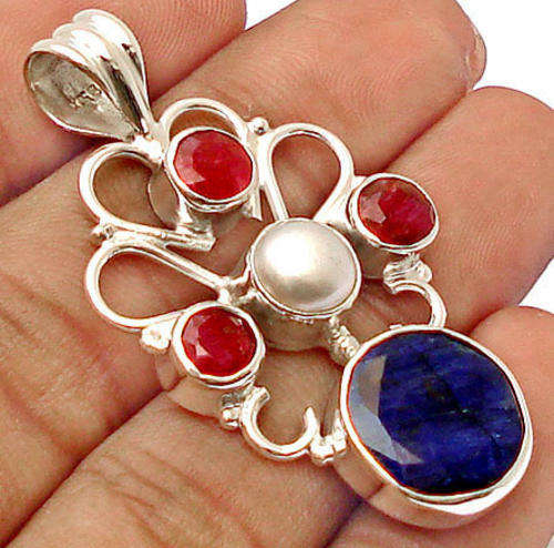 ***MONEY- BACK GUARANTEE*** BLUE SAPPHIRE ROUND RUBY PEARL 925 STERLING SILVER ARTISAN PENDANT