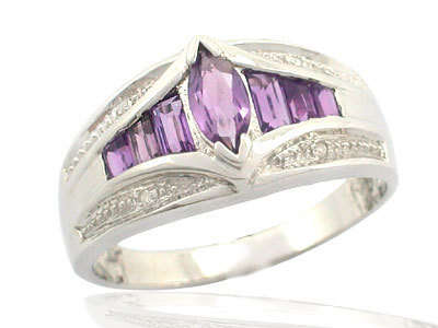 ***MONEY- BACK GUARANTEE*** Diamond & Amethyst Gemstones Sterling Silver Ring
