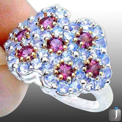 ***MONEY- BACK GUARANTEE*** Sz 7 SLEEK RED TOURMALINE BLUE TANZANITE ROUND 925 STERLING SILVER RING