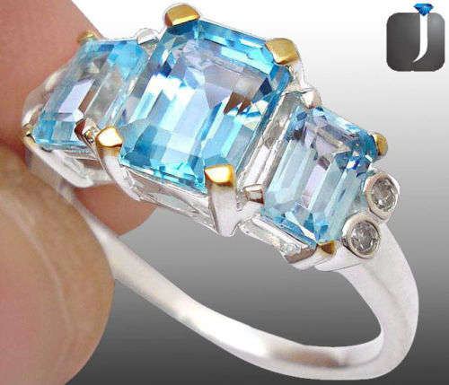 ***MONEY- BACK GUARANTEE*** Sz 6 1/2 DIAMOND AQUAMARINE OCTAGON 925 STERLING SILVER ARTISAN RING