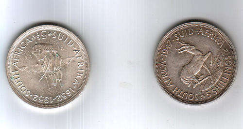 1947 + 1952 Silver 5 Shilling coins from Union of SA (2 coins)